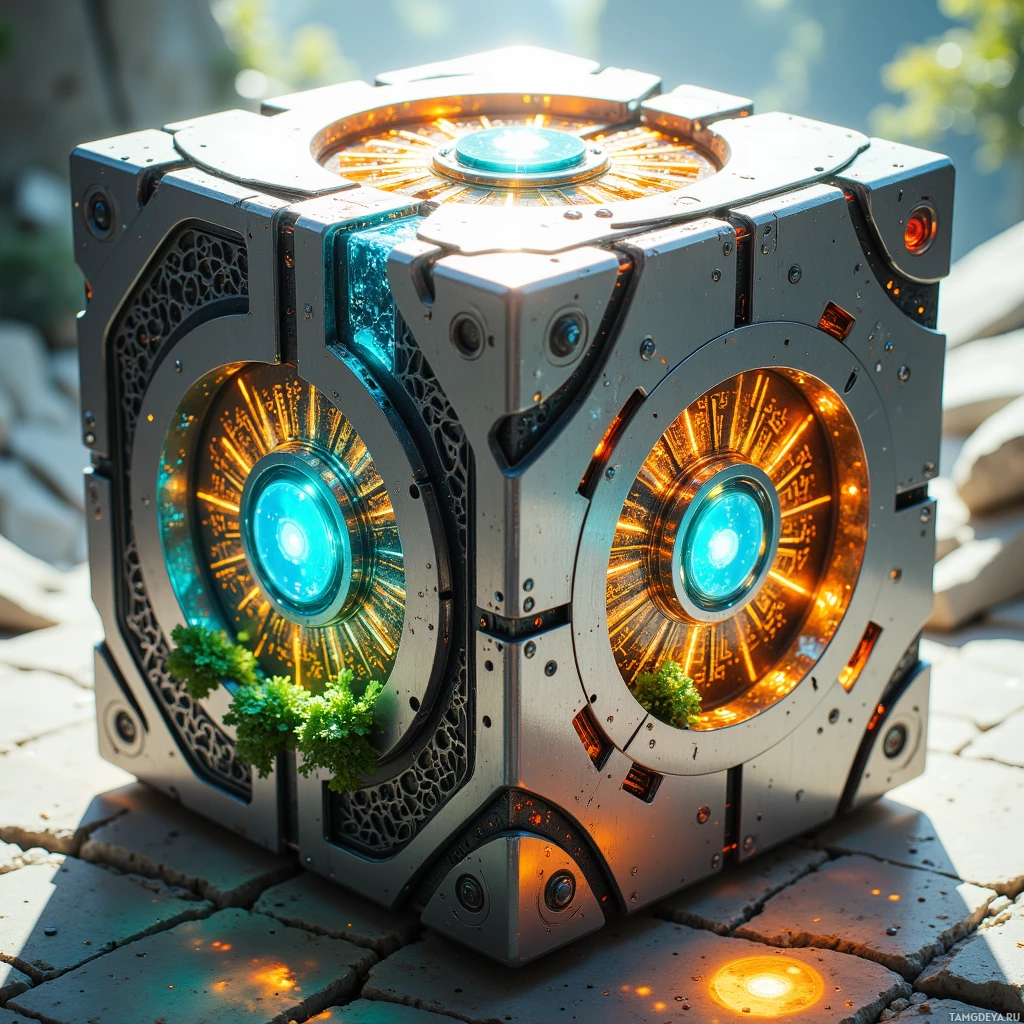 A metallic cube with glowing blue and orange lights and greenery growing from it.