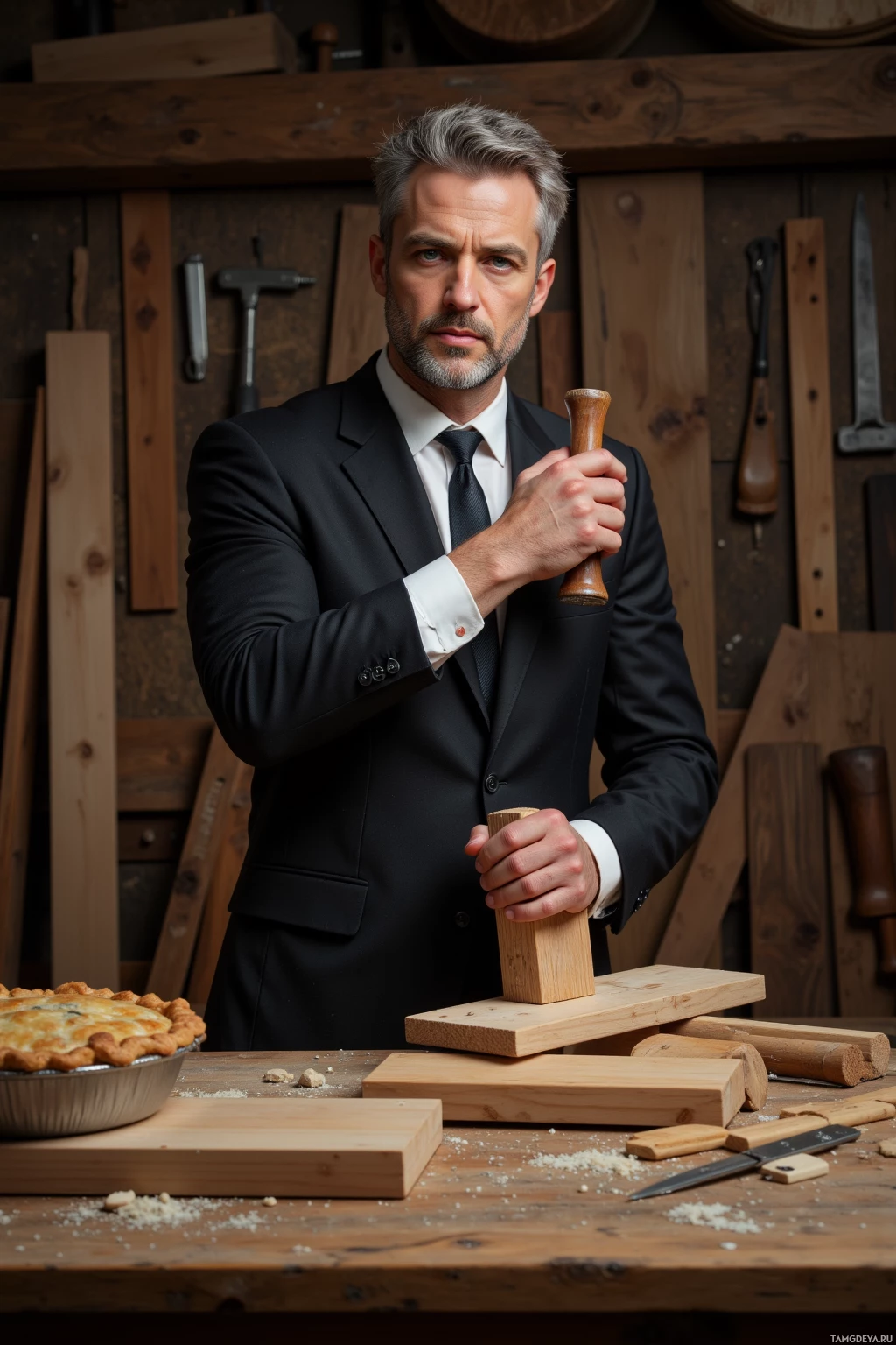 A man in a suit holds a wooden mallet in a workshop setting with wood and tools.