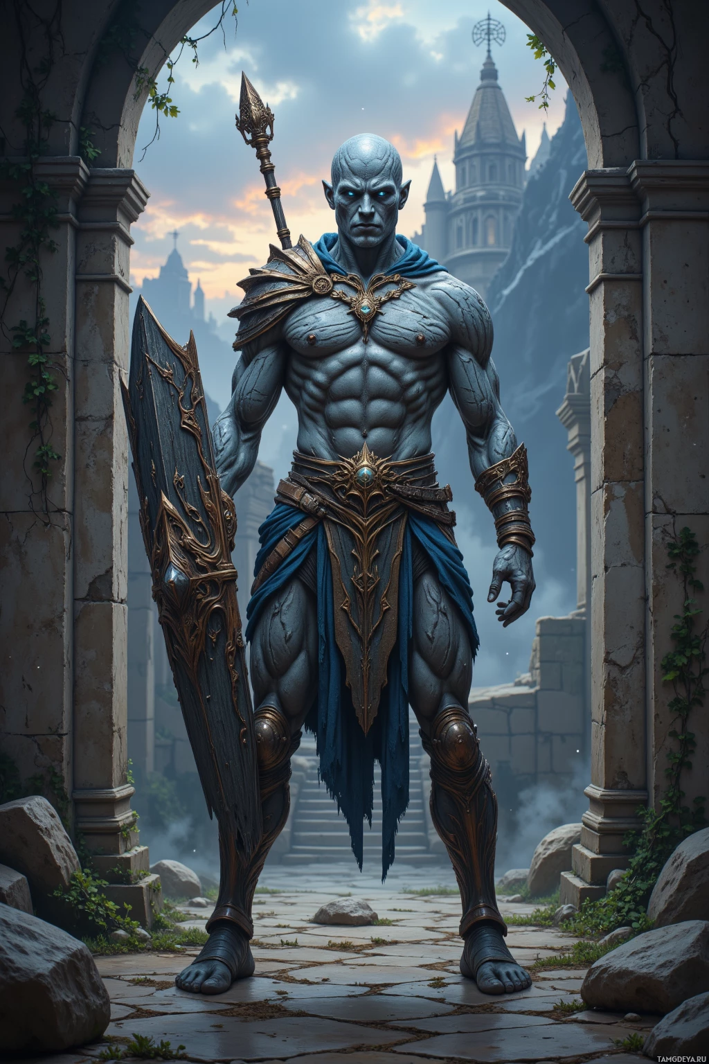 A muscular, armored figure stands in a stone archway, holding a spear and shield, with a castle in the background.