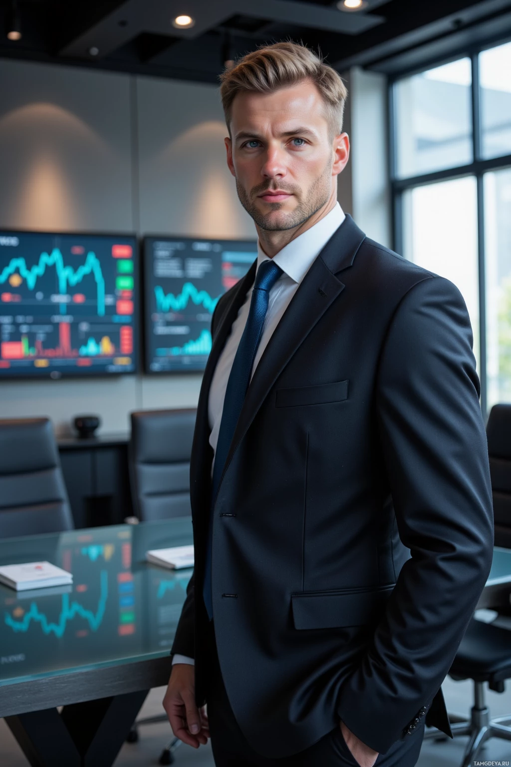 A man in a suit stands in a modern office setting with monitors displaying financial data in the background.