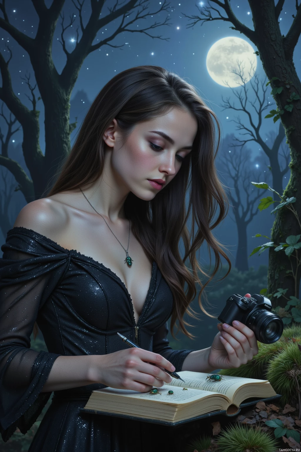 Realistic high quality photo. A woman with flowing dark hair and pale skin, wearing a shimmering long black dress and a silver necklace of insect charms, stands in a moonlit forest clearing holding a camera lens focused on beetles crawling across dust‑laden moss, her notebook open beside her, stars glittering above, mist curling among ancient trees.