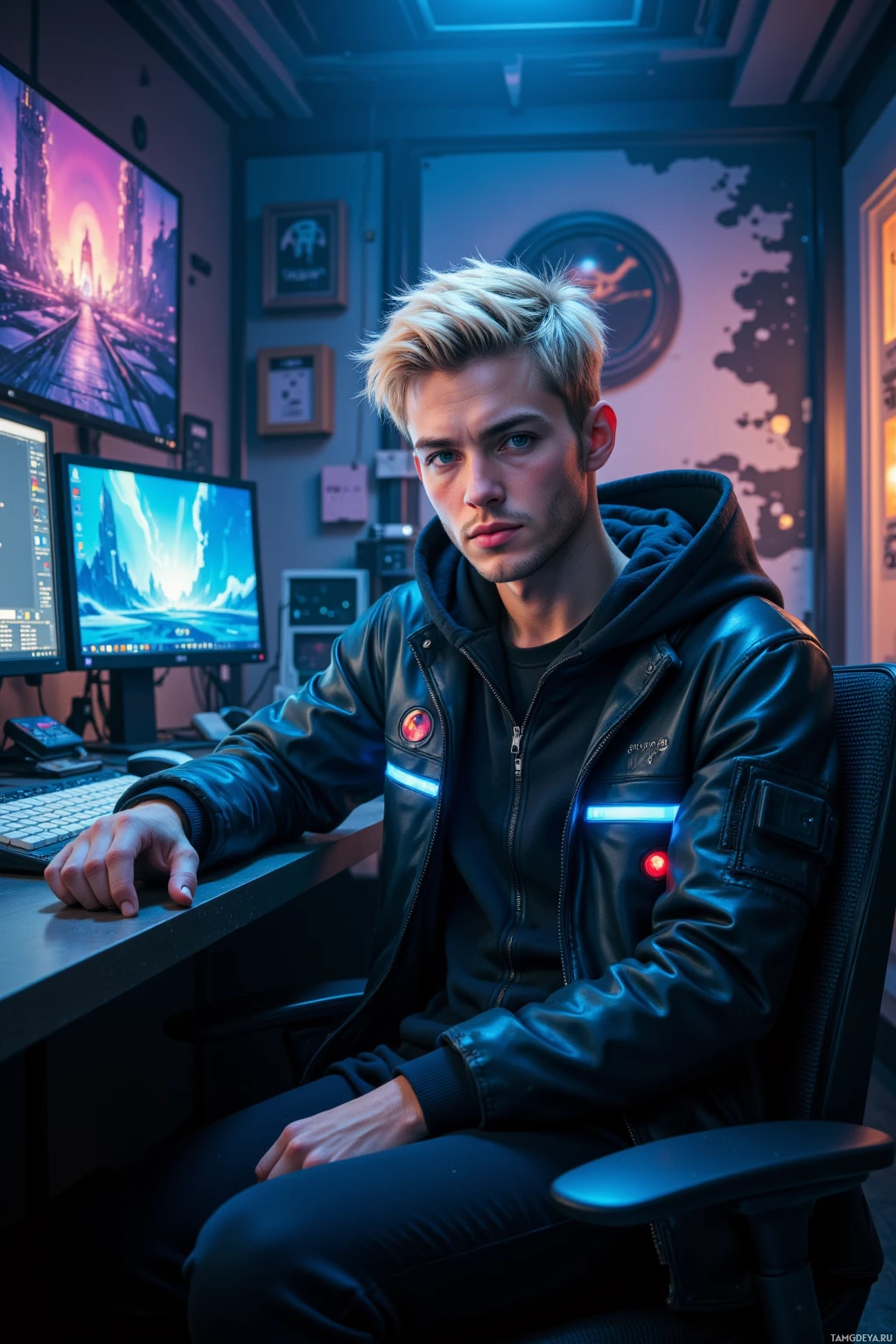 A person in a futuristic setting, wearing a black leather jacket and hoodie, sits at a desk with multiple monitors displaying vibrant graphics.