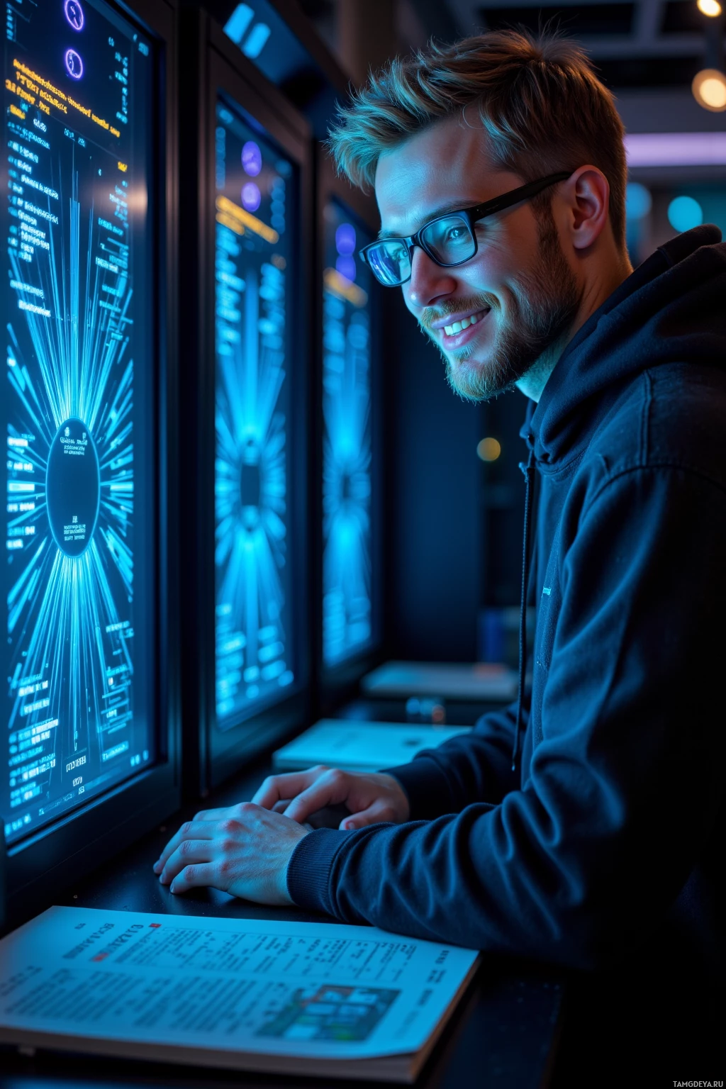 A person wearing glasses smiles while working at a computer with illuminated screens.