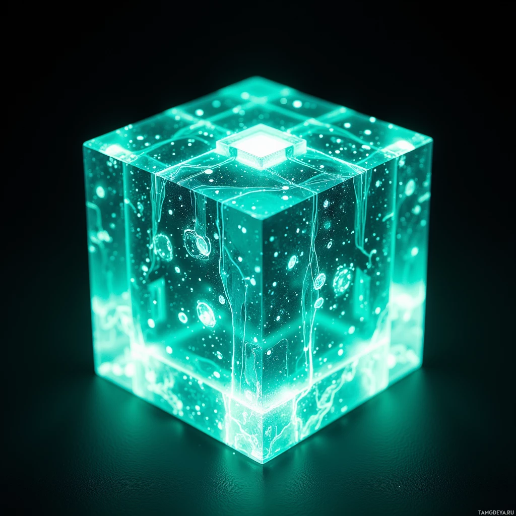 A glowing, translucent cube with intricate internal patterns and a bright light at the top.