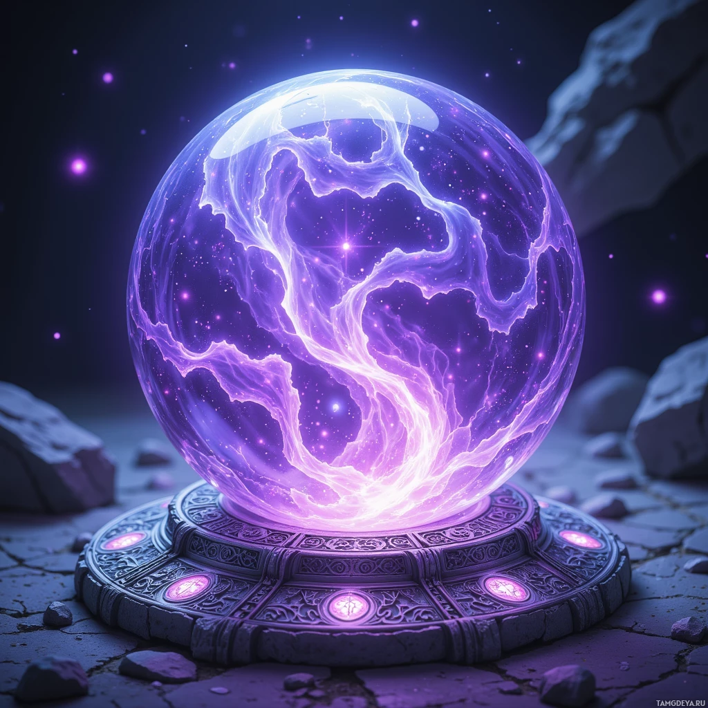 A glowing crystal ball with swirling purple energy sits atop a stone pedestal.