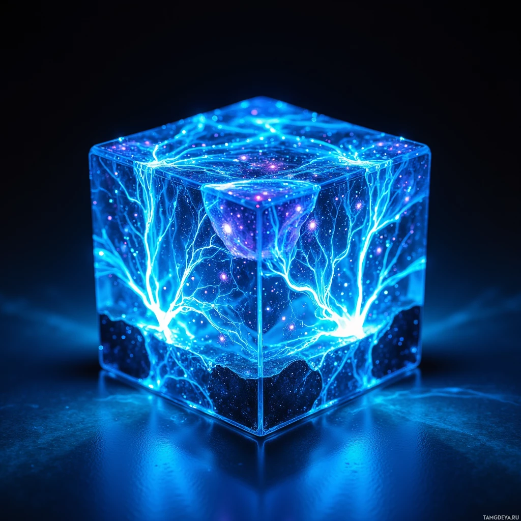 A glowing blue cube with intricate, branching patterns and small particles inside, set against a dark background.
