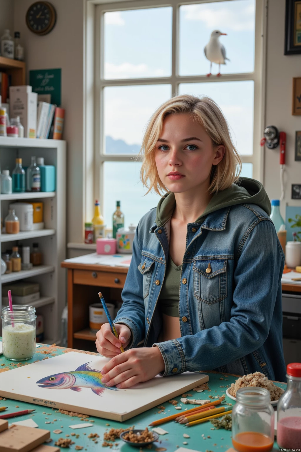 A person is drawing a fish on paper at a desk in a room with shelves and a window showing an outdoor view.