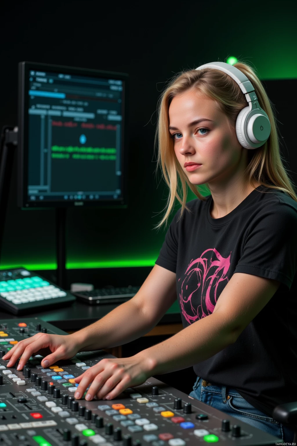 Realistic high quality photo. A focused 29‑year‑old blonde woman with a ponytail and blue eyes sits at a dark music studio mixing console under green monitor lights, wearing a black graphic t‑shirt featuring a musical note design and jeans, white headphones draped around her neck, hands tightening an EQ curve as she refines synth lines in the quiet night.
