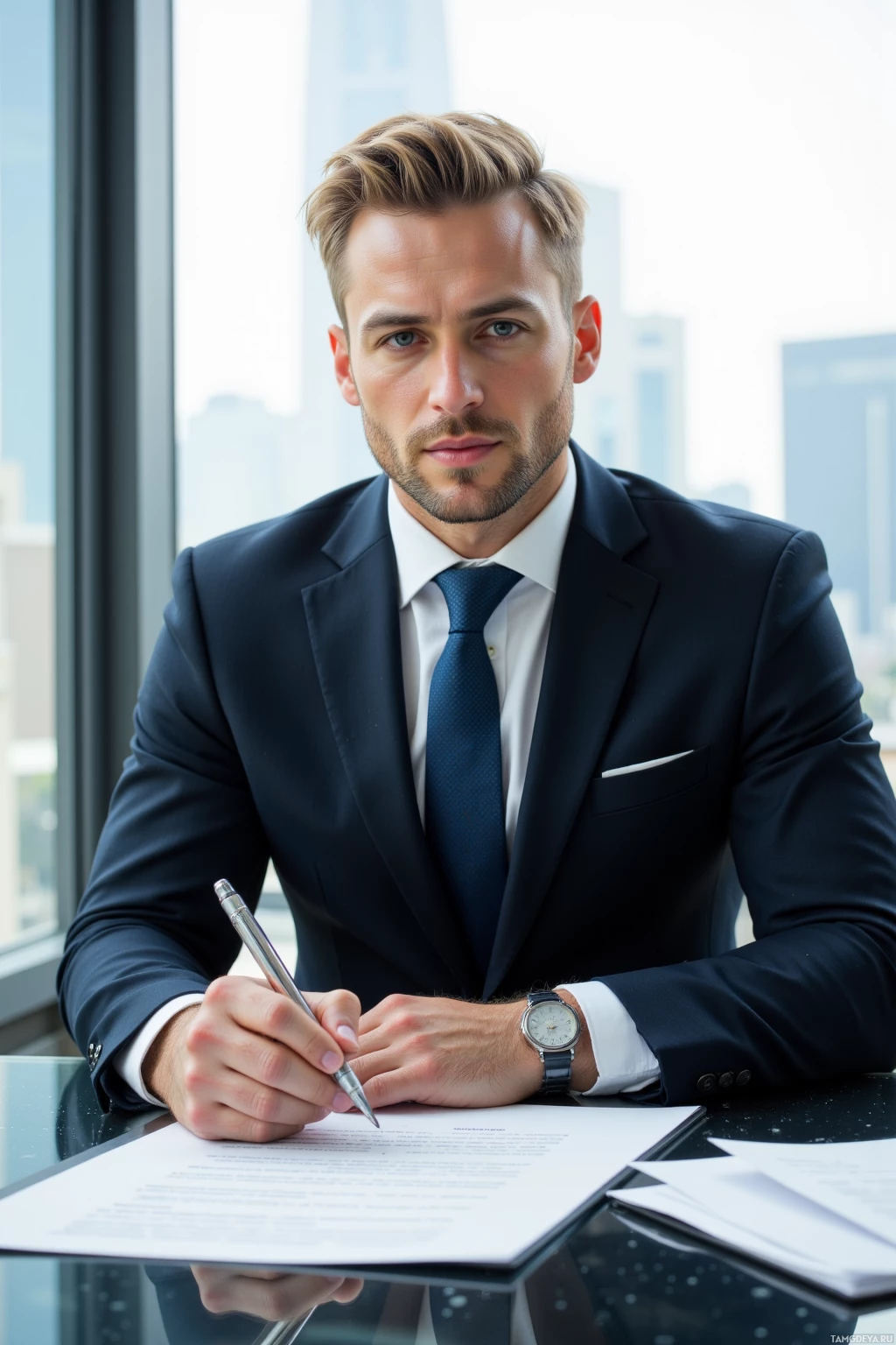A man in a suit sits at a desk, holding a pen and looking directly at the camera.