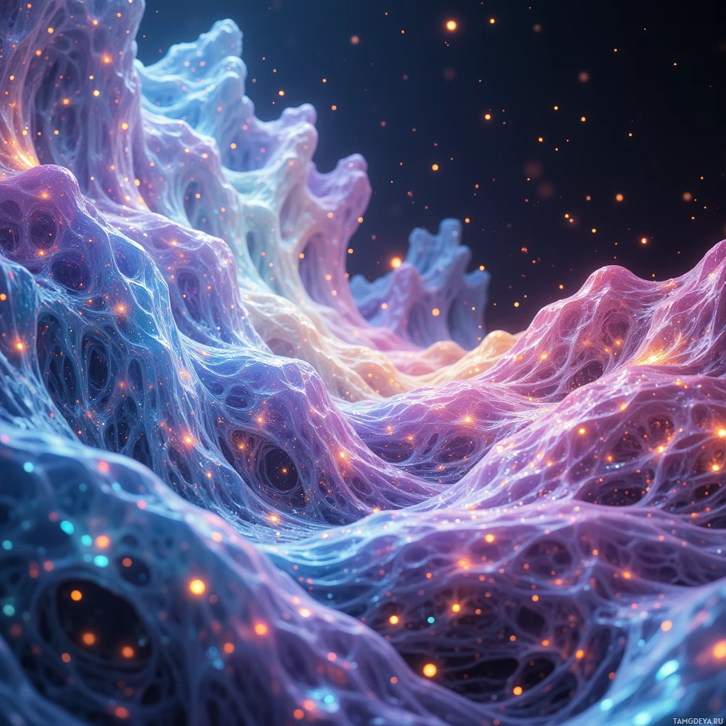 A mesmerizing, abstract landscape featuring ethereal, glowing formations in shades of blue, purple, and pink against a dark background.