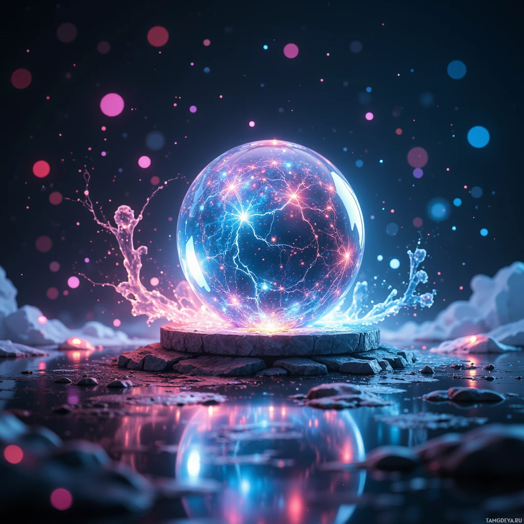 A glowing crystal ball emits vibrant light and energy, surrounded by splashes of water against a dark background with bokeh lights.