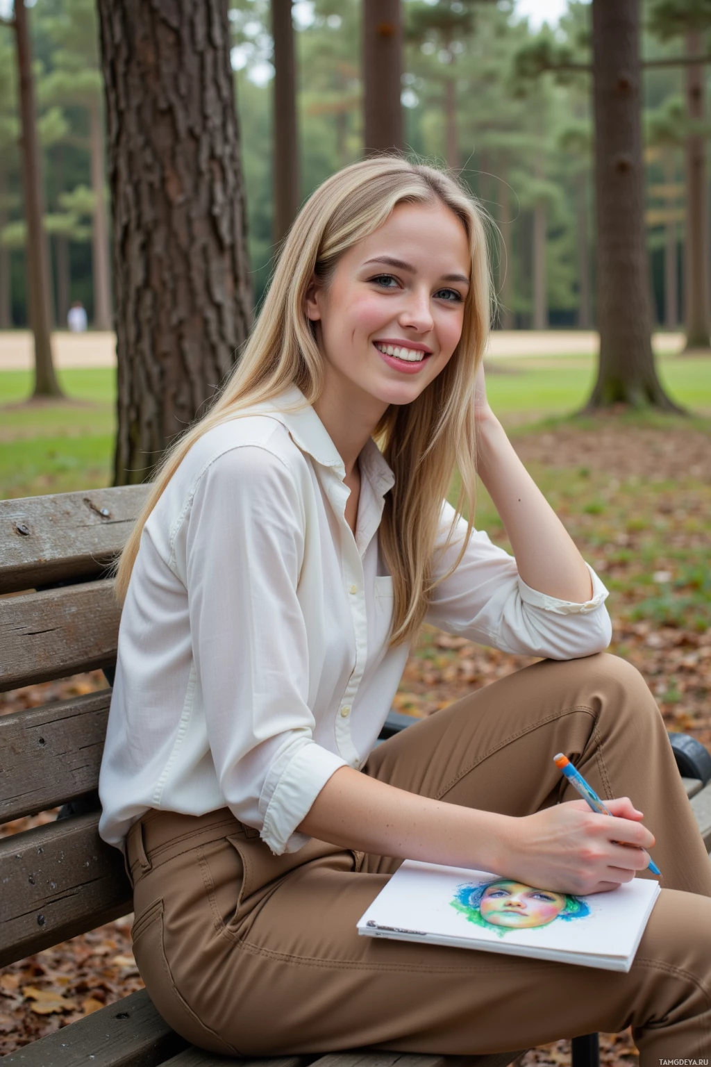Realistic high quality photo. Female, 25, long blonde hair, bright blue eyes, creamy complexion, wearing a loose white shirt and lightweight brown pants, laughing while sketching a colorful portrait on the back of a wooden park bench in a pine forest with scattered leaves, afternoon light filtering through tall trees.