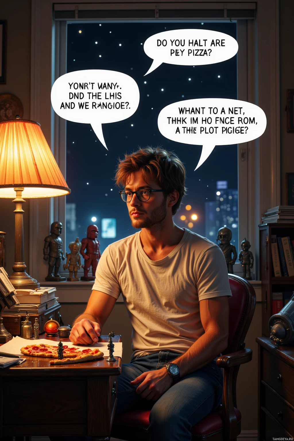 Realistic high quality photo. A 27‑year‑old man with tousled light brown hair, round glasses, wearing a T‑shirt and jeans, sits at midnight in a cluttered bedroom surrounded by cold pizza crumbs, animated speech bubbles debating plot points, miniature eraser soldiers lined up on the desk, lamp shade, stapler, old key, and a gas mask transformed into quirky sidekicks under dim warm lighting.