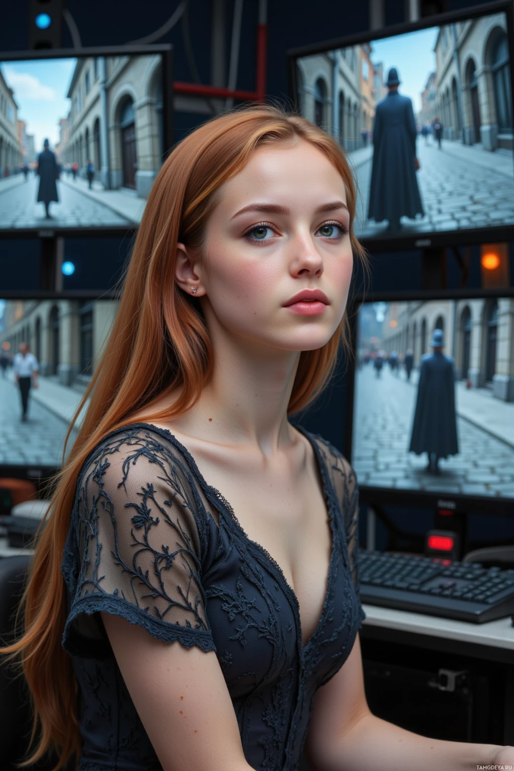 A person with long red hair wearing a dark, lace-trimmed top is seated in front of multiple computer monitors displaying a street scene.