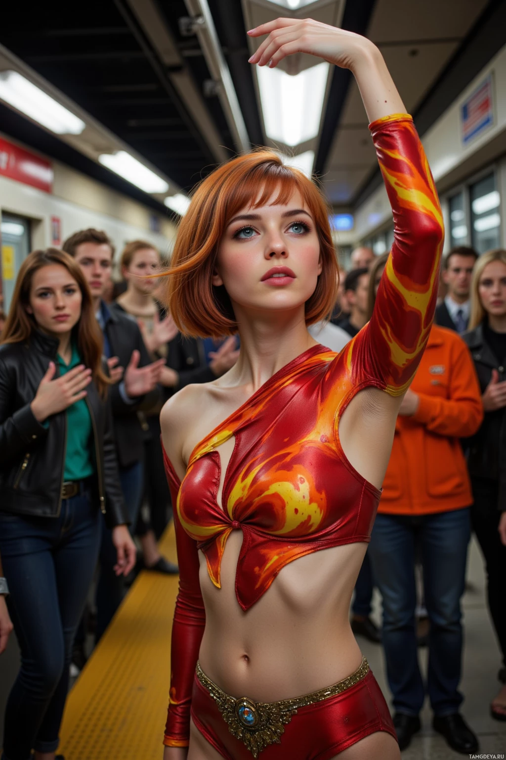 A person in a vibrant, flame-patterned outfit stands in a subway station, surrounded by onlookers.