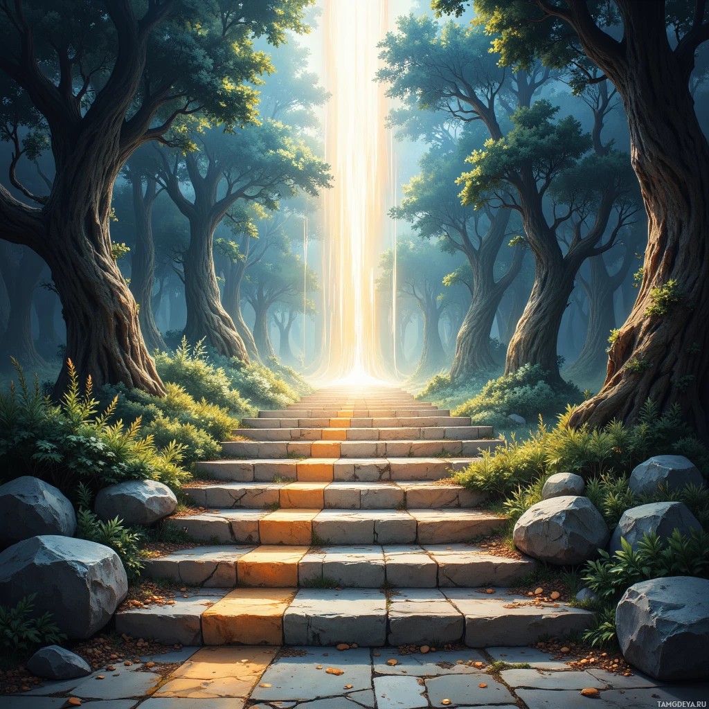 A stone path leads through a forest towards a bright light at the end.