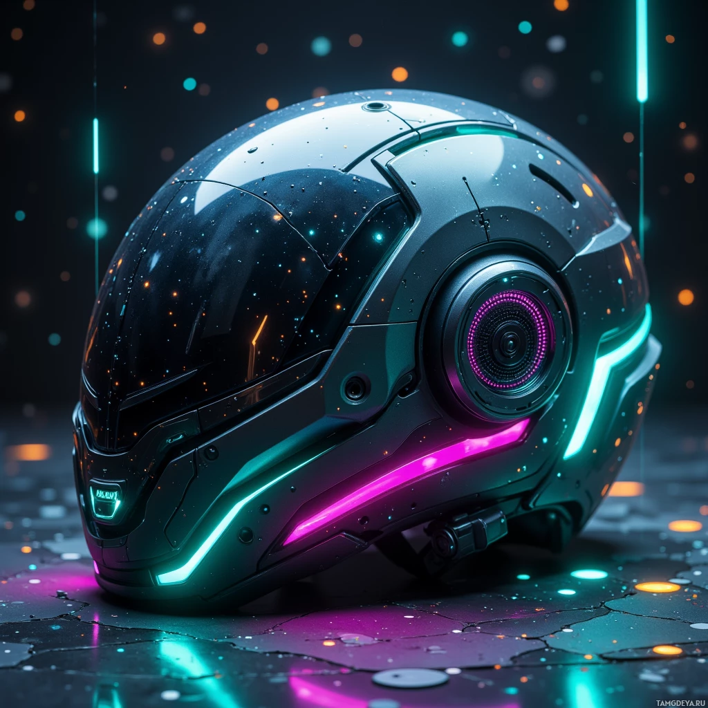 A futuristic helmet with glowing neon lights and a reflective surface.