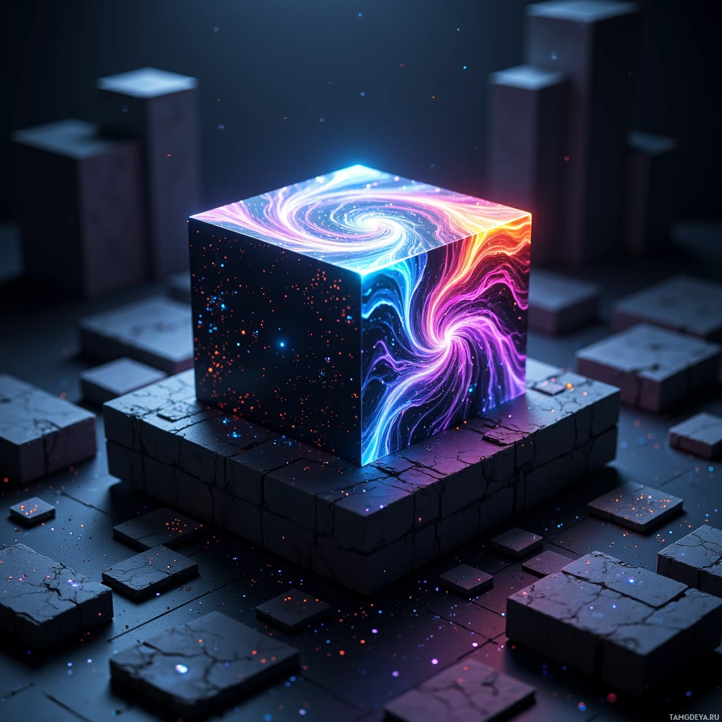 A glowing, colorful cube sits atop a cracked surface, surrounded by smaller blocks in a dark, starry environment.