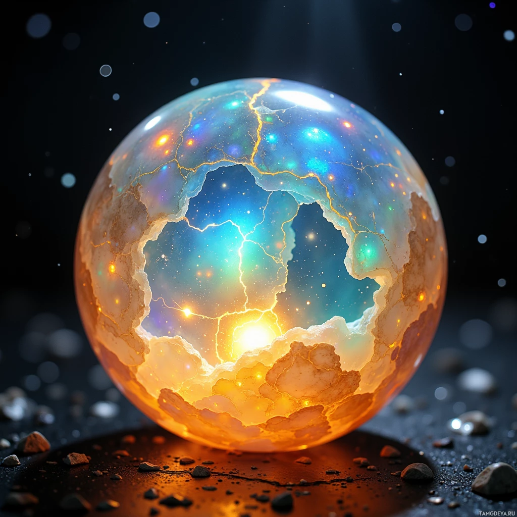 A glowing, cracked sphere with a cosmic interior and glowing edges.