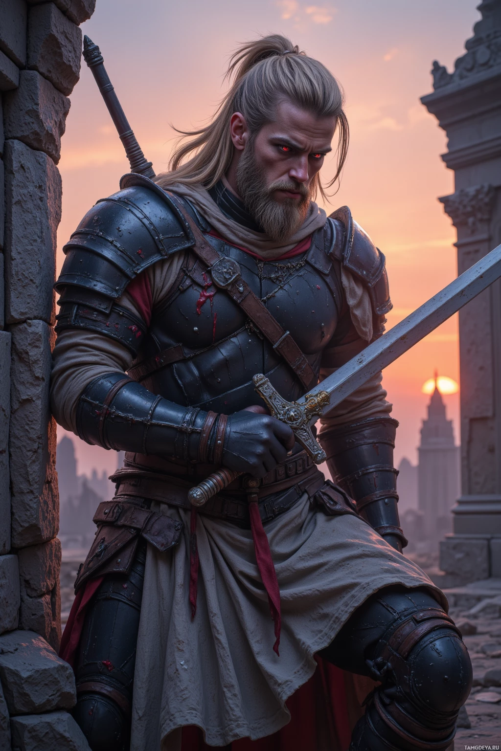 A warrior in armor stands on a stone platform, holding a sword, with a sunset in the background.