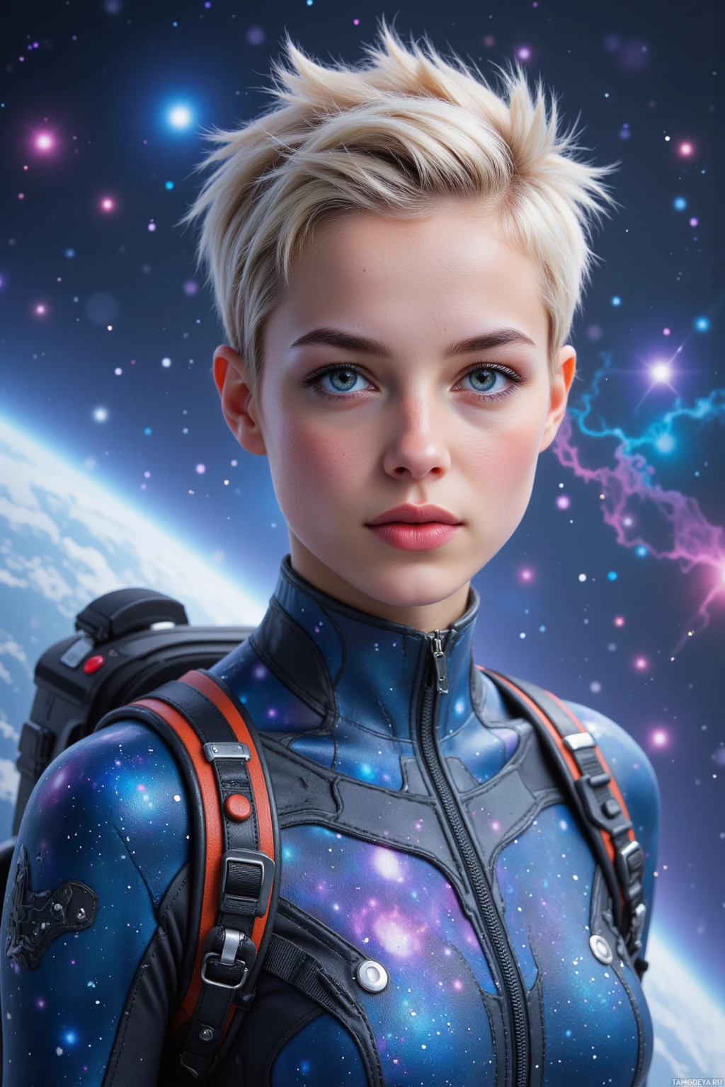A person in a space-themed outfit with a backpack stands against a cosmic background.
