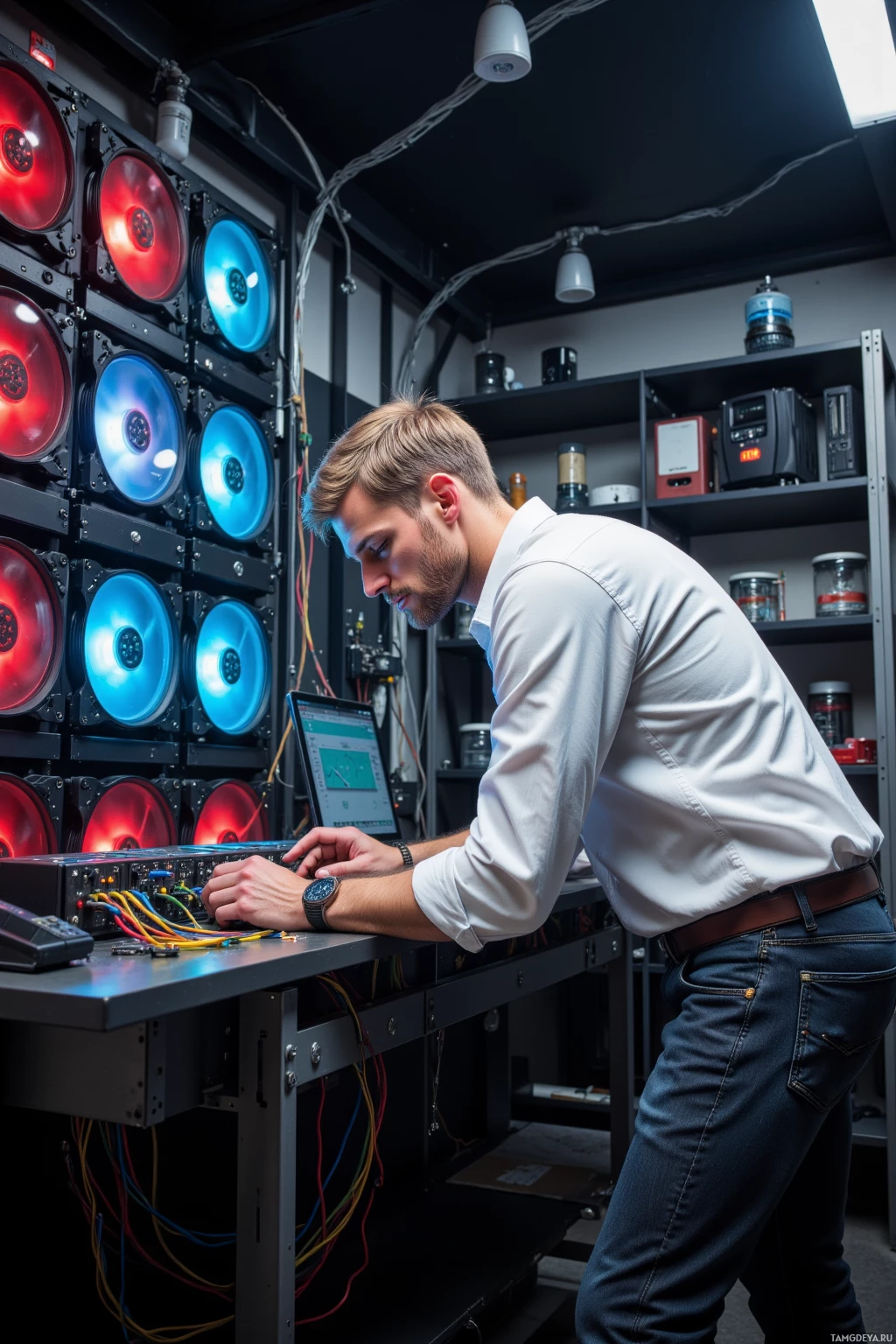 Realistic high quality photo. A 30‑year‑old man with short light brown hair and blue eyes, wearing a white button‑up shirt and slightly worn black jeans, leans over an advanced bookshelf fan array in a dimly lit engineering lab, color‑coded cables spilling from a sleek control board while red and blue fan shafts spin in sync with hovering temperature graphs on translucent panels.