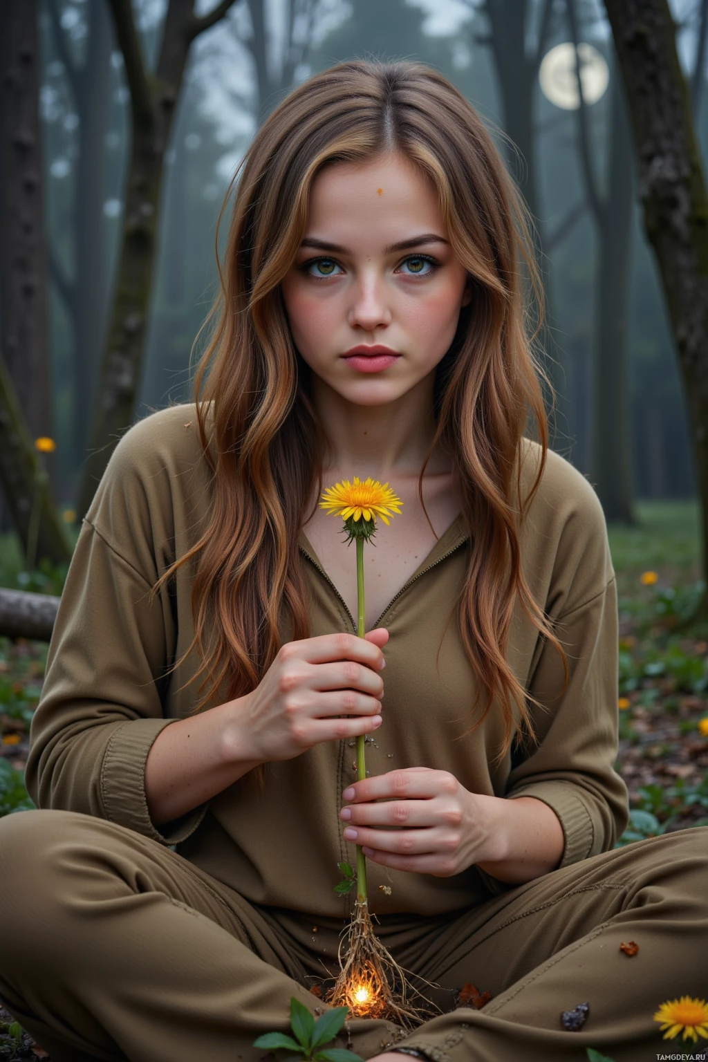 A person in olive green attire holds a yellow flower with roots glowing softly against a misty forest backdrop.