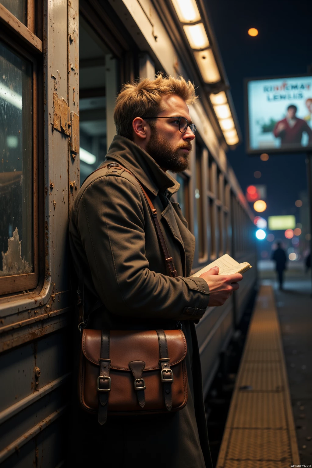 A man stands by a train at night, holding a book and wearing a coat and glasses.