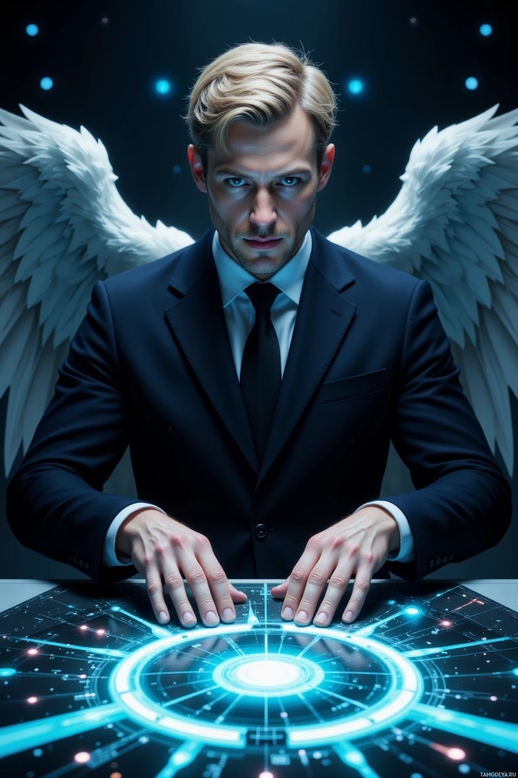 A person in a suit with wings stands behind a glowing, futuristic interface.