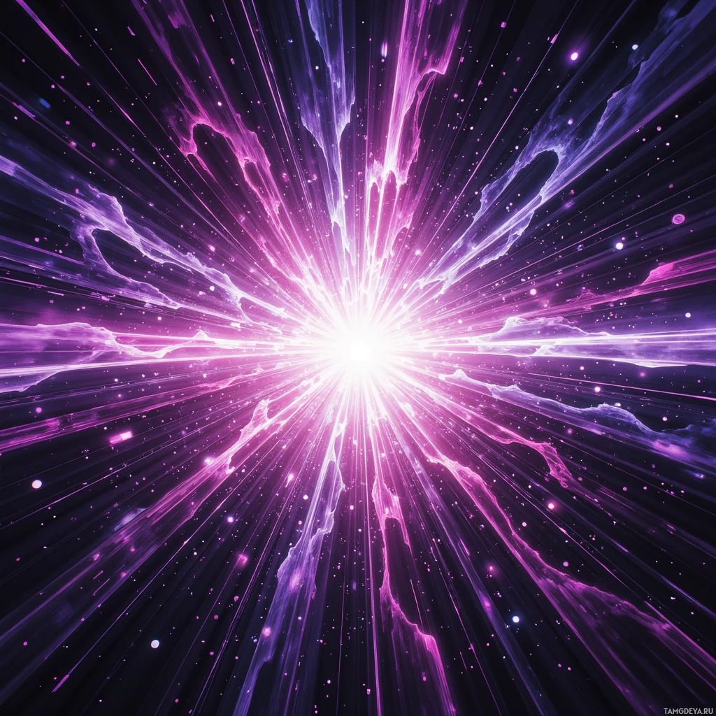 A vibrant cosmic explosion with pink and purple hues radiating outward.