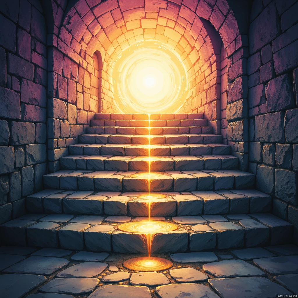 A stone staircase leads to a glowing portal at the top.