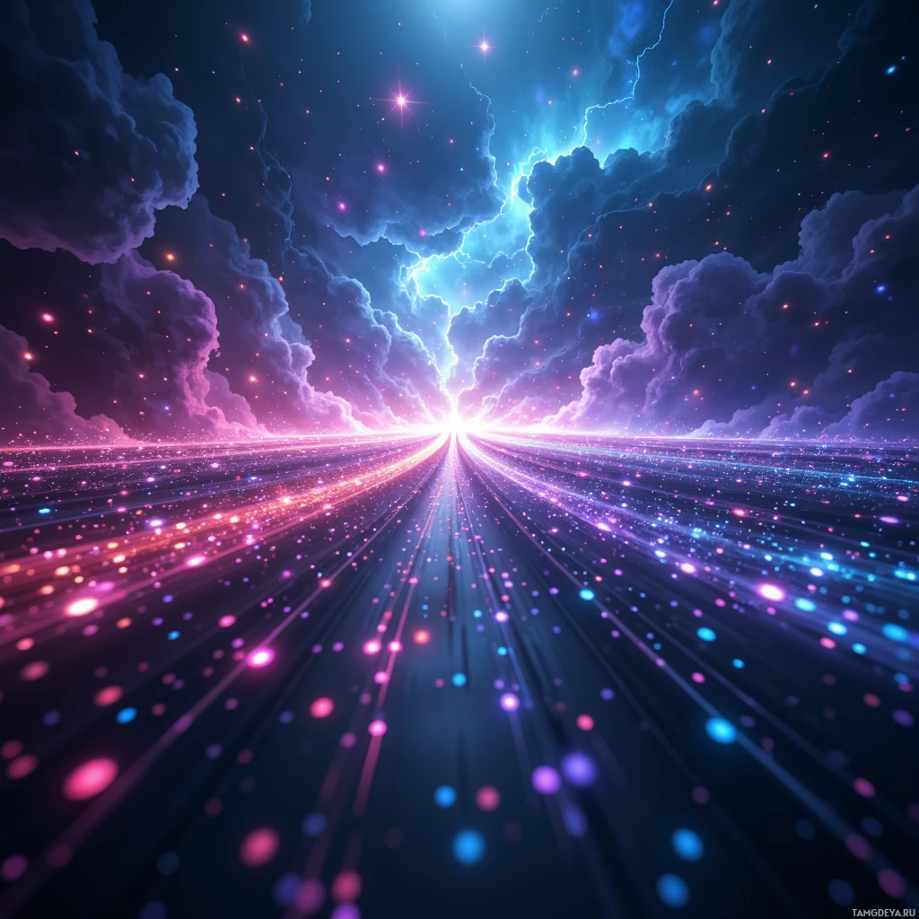 A vibrant cosmic scene with glowing particles and streaks of light converging towards a bright center against a backdrop of swirling clouds and stars.
