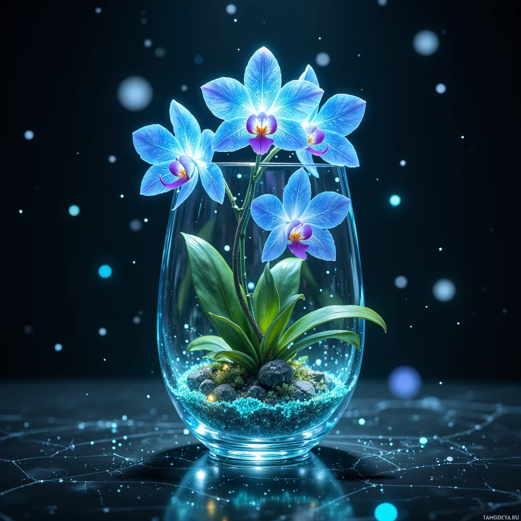 A vibrant blue orchid with glowing petals is displayed in a clear glass vase, set against a dark, starry background.