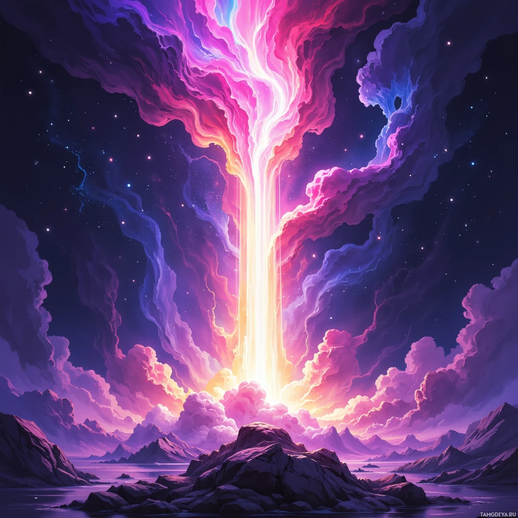 A vibrant cosmic scene with swirling clouds and a bright light beam descending from above, set against a starry night sky over rugged mountains.