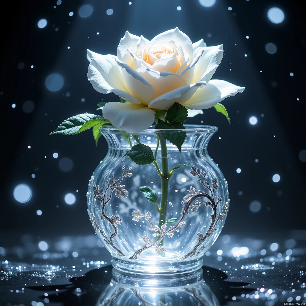 A white rose in a clear glass vase with sparkling background.