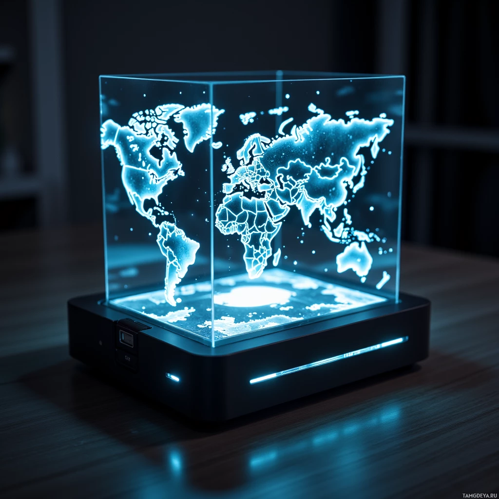 A glowing world map is displayed in a transparent cube on a black base with blue lighting accents.