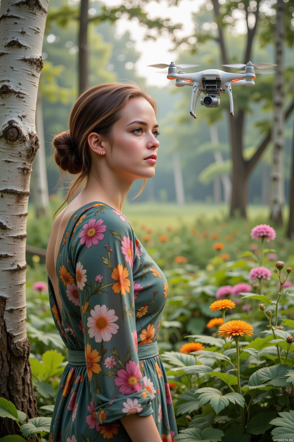A woman in a floral dress stands in a garden with a drone hovering above her.