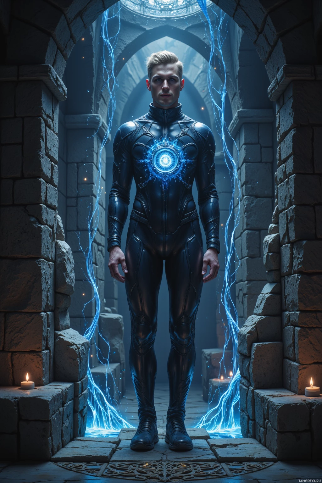 A person in a futuristic, armored suit stands in a dimly lit stone corridor with glowing blue energy lines.