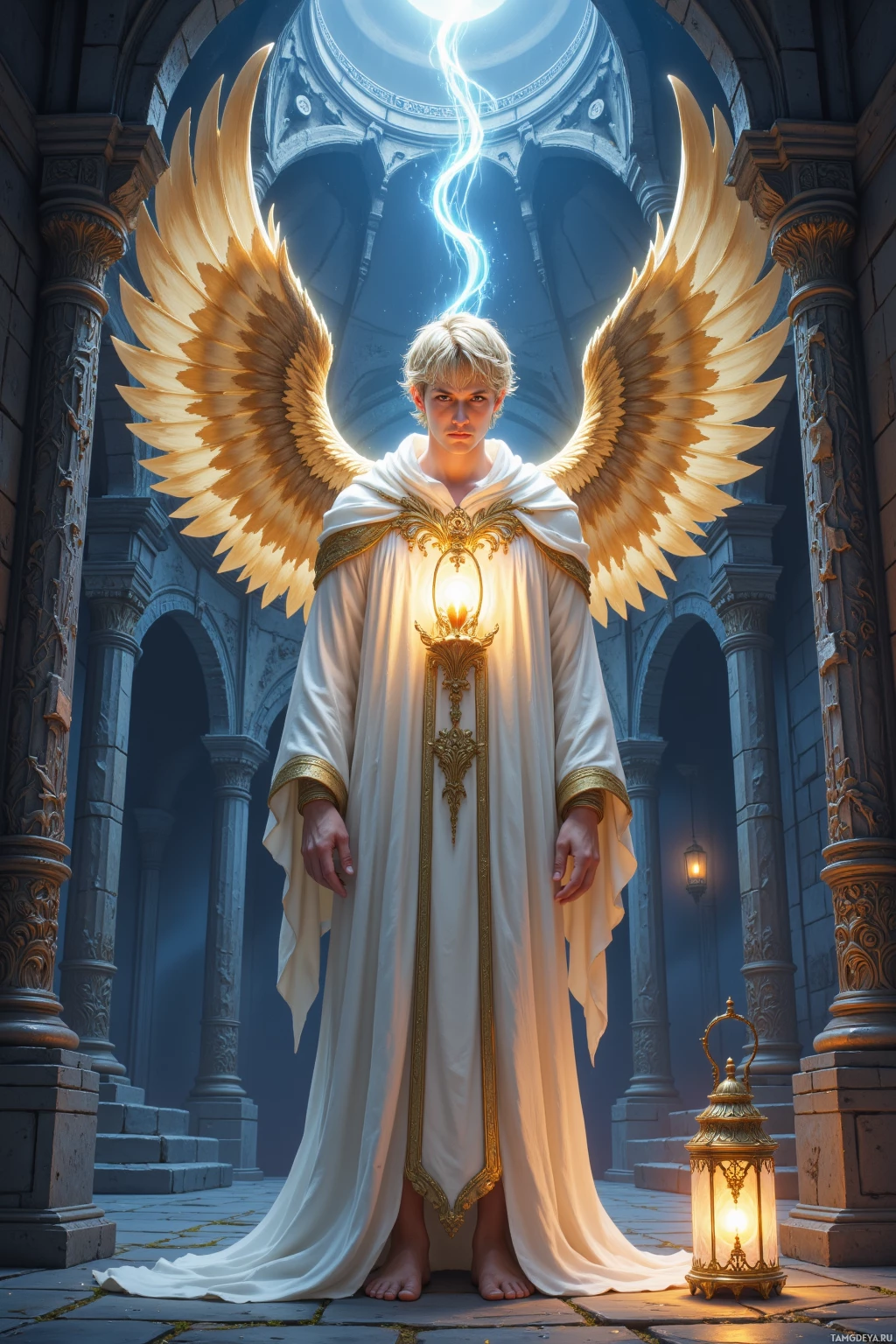A figure with golden wings and a flowing white robe stands in a grand, dimly lit hall.