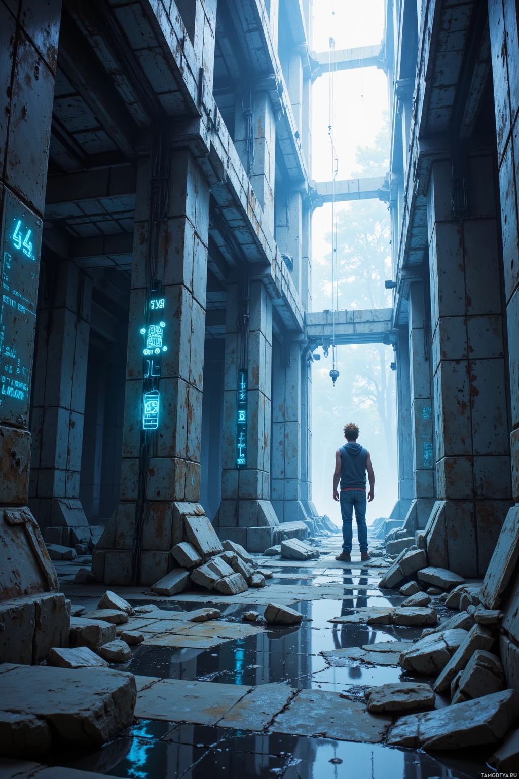 A person stands at the entrance of a dilapidated, futuristic structure with glowing blue panels.