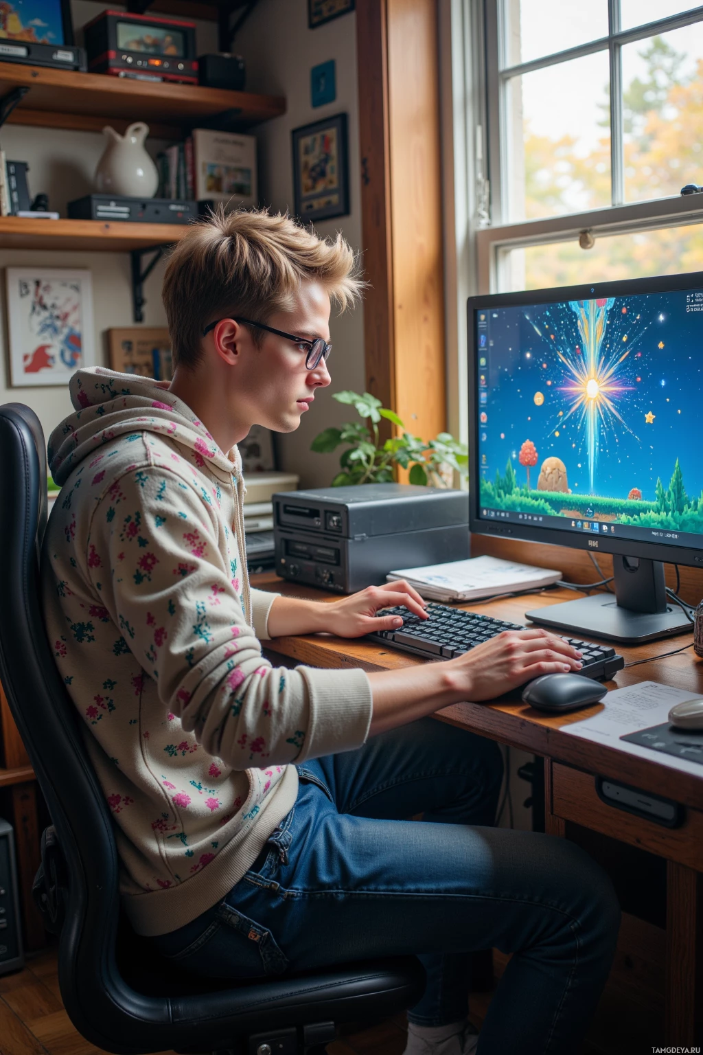 A person wearing glasses and a hoodie is sitting at a desk working on a computer.