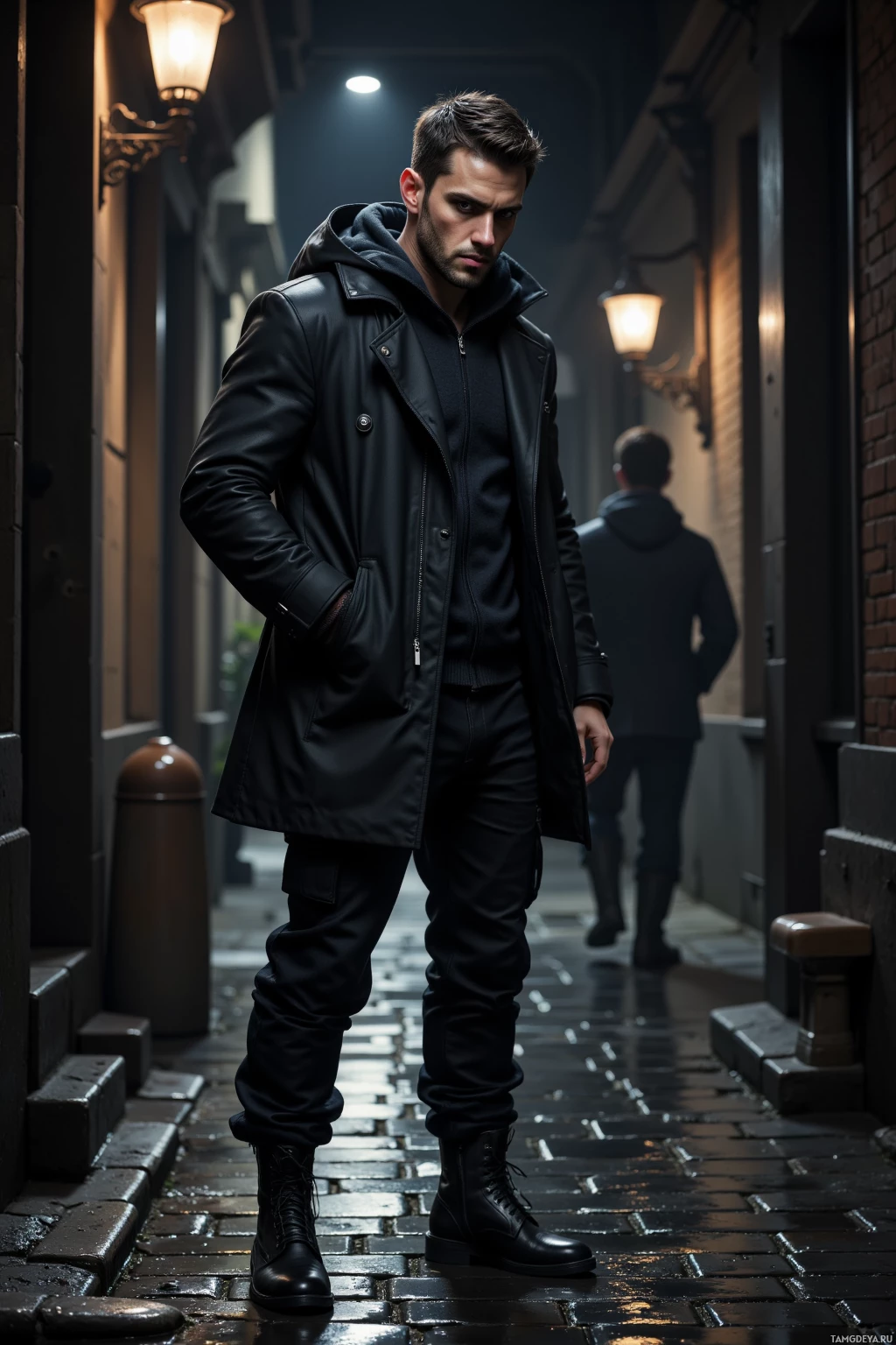 A man in all black attire stands on a cobblestone street at night under illuminated lanterns.