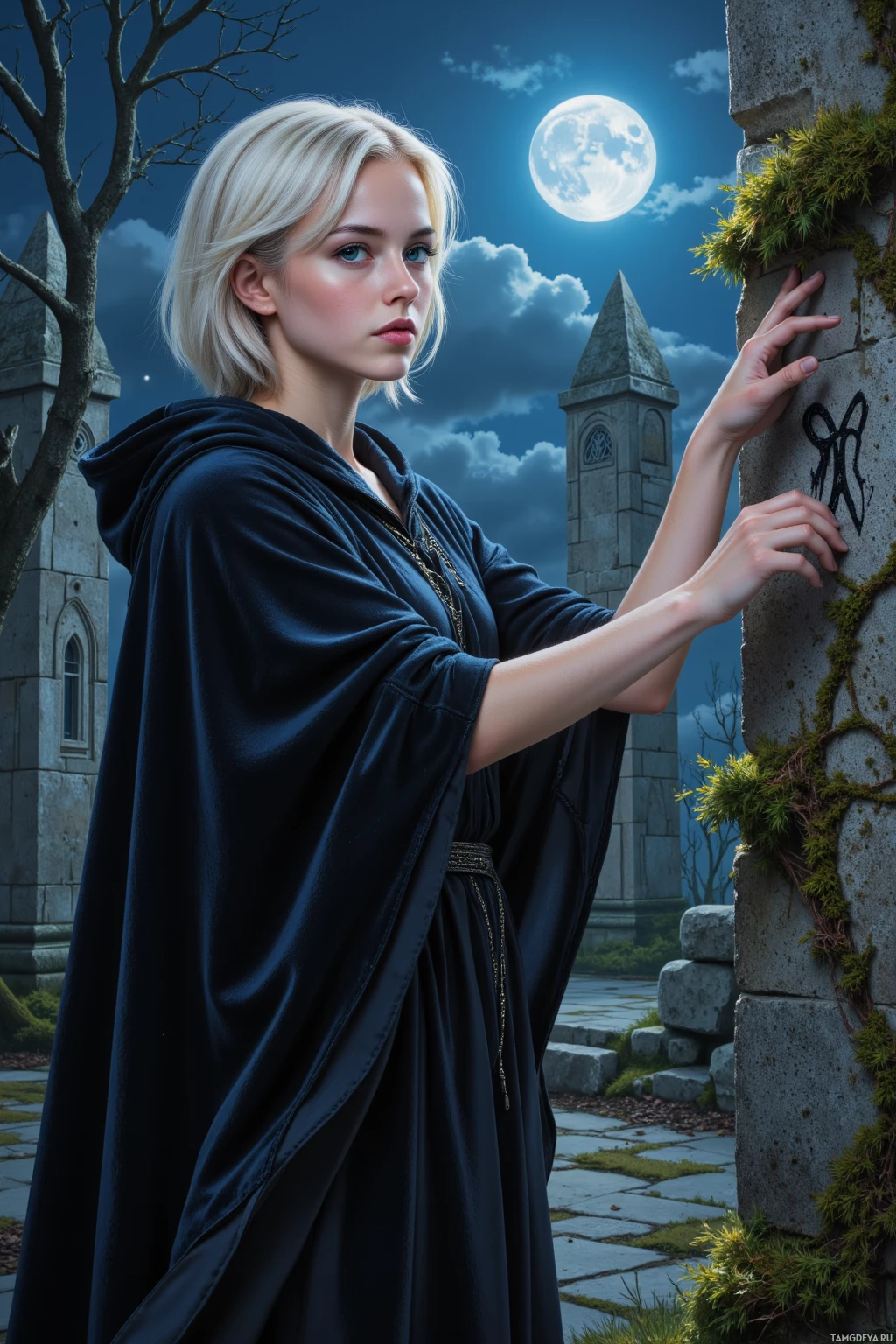 A woman in a dark cloak stands beside a stone wall under a full moon.