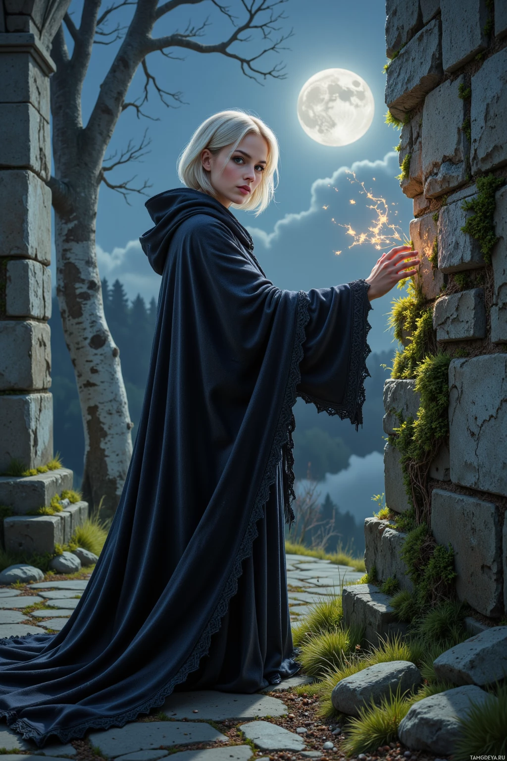 A person in a dark cloak stands beside a stone wall under a full moon.