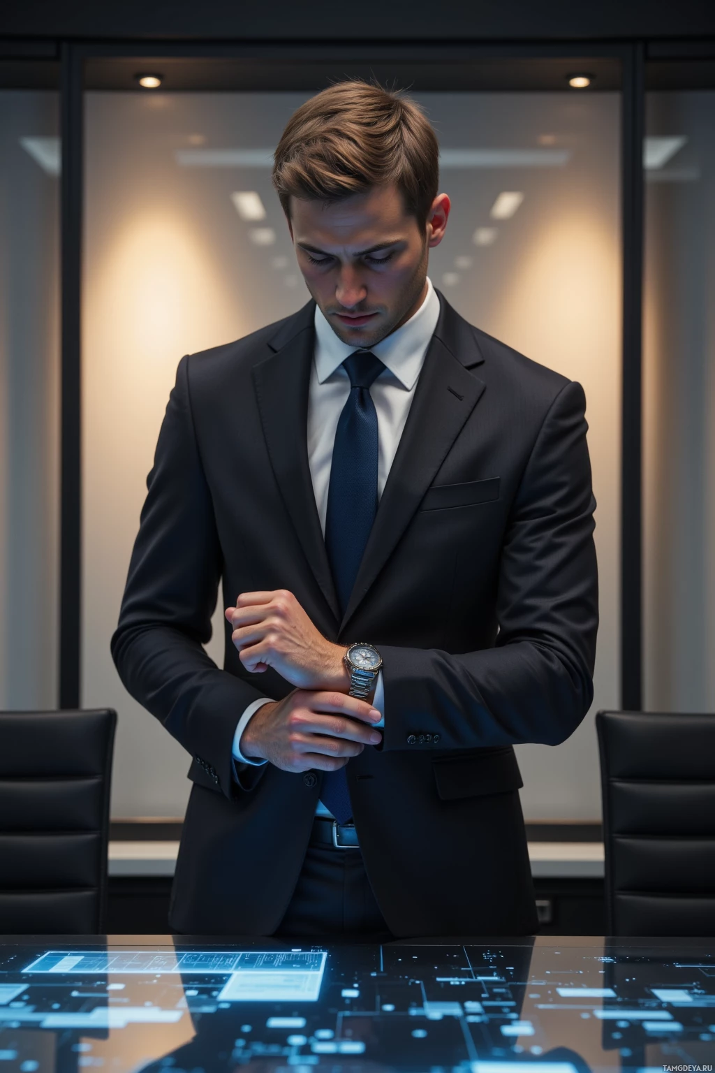A man in a suit adjusts his watch in a modern office setting.