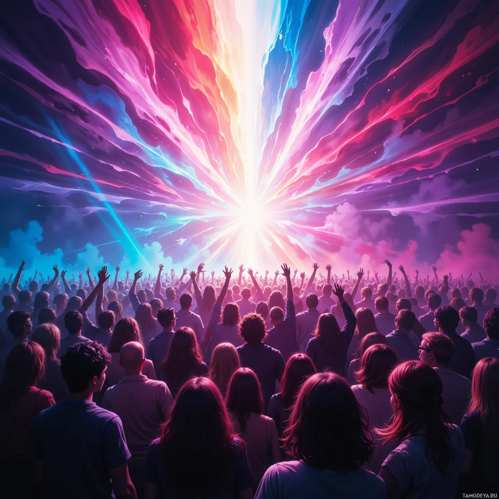 A crowd of people with their hands raised, illuminated by vibrant, colorful light beams.