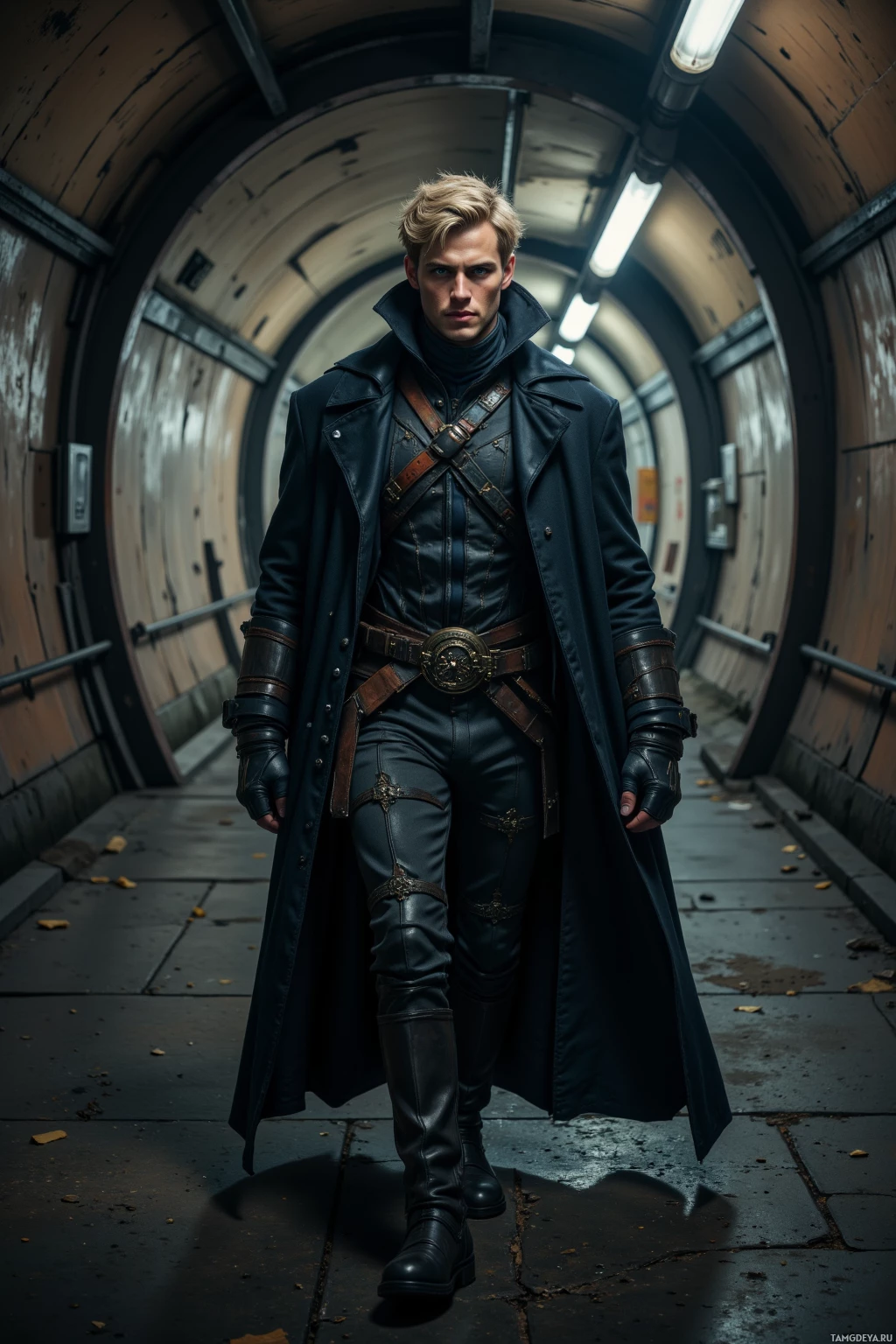 A person in a dark, leather outfit stands in a dimly lit tunnel.