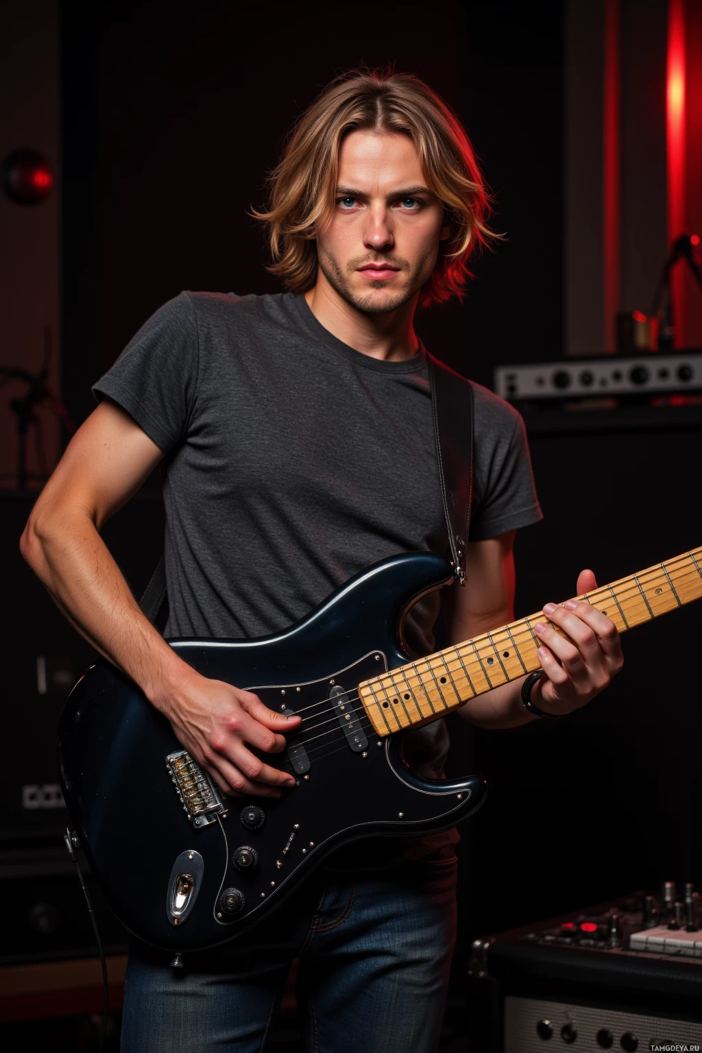 A person stands holding a guitar in a dimly lit room with musical equipment in the background.