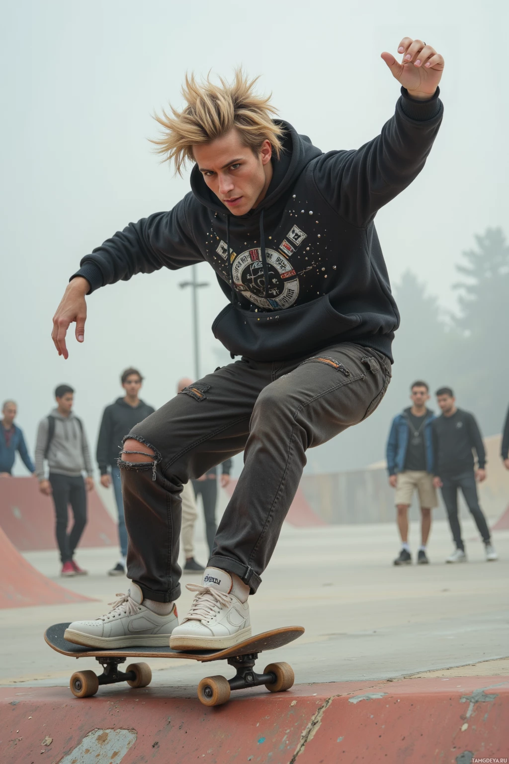 A skateboarder in a hoodie and jeans performs a trick on a ramp.