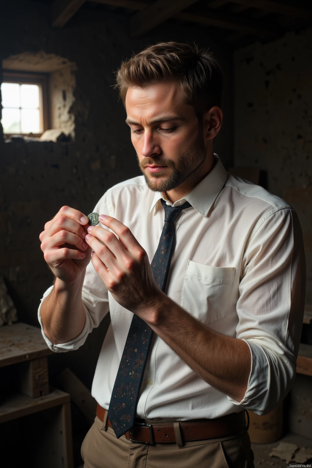 A man in a white shirt and tie examines an ancient coin closely.